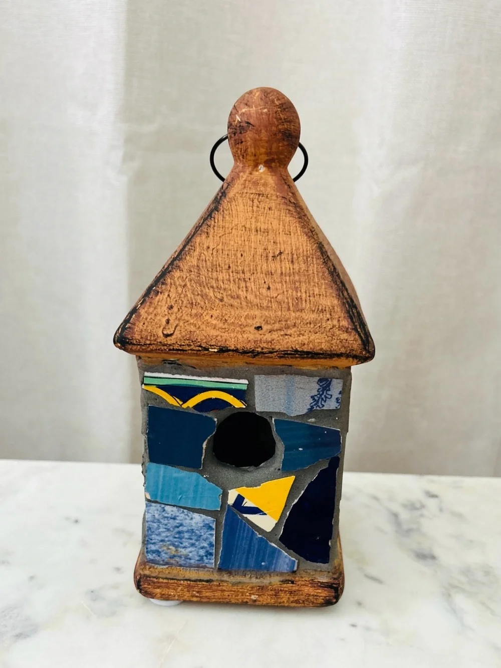 Handmade Mosaic Blue & Yellow Birdhouse Decor - Unbranded